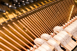 close up of piano strings and hammers